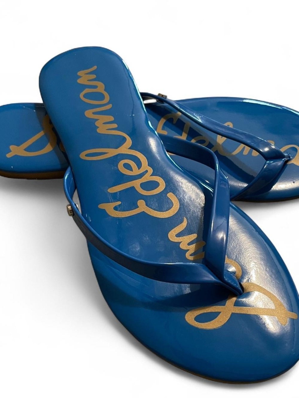 Sam Edelman Royal Blue Patent Thong Sandals with Gold Script